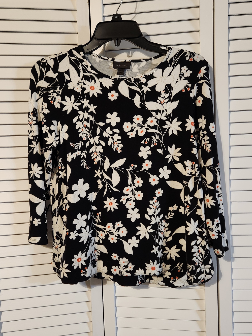 J. Jill Black Floral Crewneck Long-Sleeve Top with White and Orange Accents